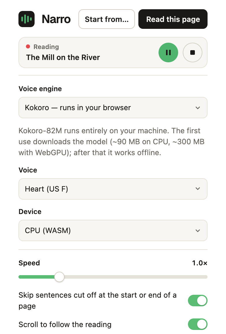 Narro&rsquo;s popup, showing what&rsquo;s being read with pause and stop buttons, and the voice settings